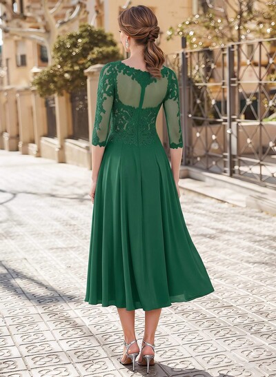 A-Line Illusion Neck 3/4 Sleeves Tea-Length Chiffon Mother Of The Bride Dresses With Appliques Lace
