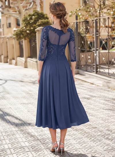 A-Line Illusion Neck 3/4 Sleeves Tea-Length Chiffon Mother Of The Bride Dresses With Appliques Lace