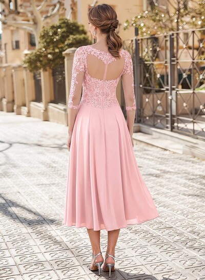 A-Line Illusion Neck 3/4 Sleeves Tea-Length Chiffon Mother Of The Bride Dresses With Appliques Lace