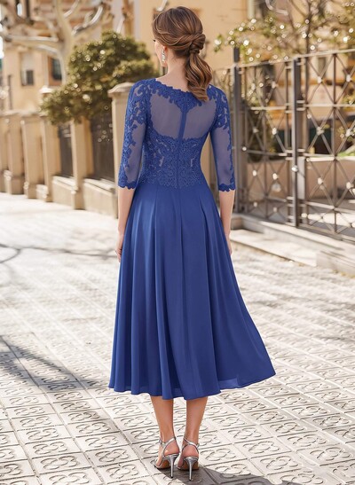 A-Line Illusion Neck 3/4 Sleeves Tea-Length Chiffon Mother Of The Bride Dresses With Appliques Lace