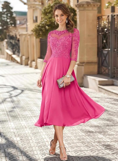 A-Line Illusion Neck 3/4 Sleeves Tea-Length Chiffon Mother Of The Bride Dresses With Appliques Lace