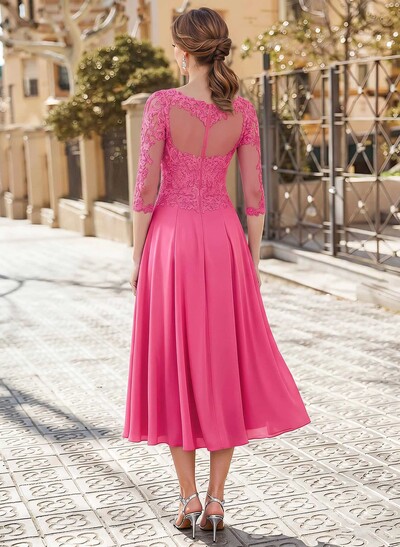 A-Line Illusion Neck 3/4 Sleeves Tea-Length Chiffon Mother Of The Bride Dresses With Appliques Lace