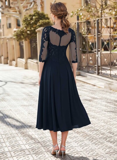 A-Line Illusion Neck 3/4 Sleeves Tea-Length Chiffon Mother Of The Bride Dresses With Appliques Lace