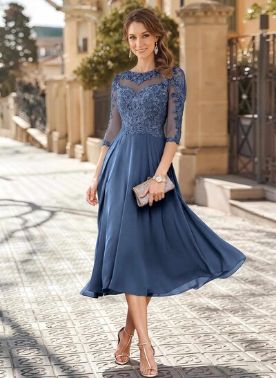 A-Line Illusion Neck 3/4 Sleeves Tea-Length Chiffon Mother Of The Bride Dresses With Appliques Lace