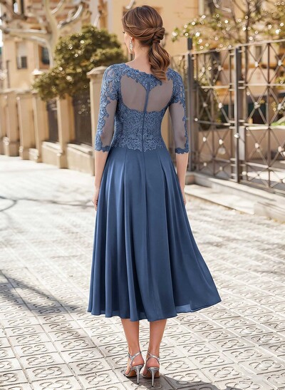 A-Line Illusion Neck 3/4 Sleeves Tea-Length Chiffon Mother Of The Bride Dresses With Appliques Lace