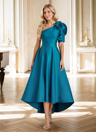 A-Line One-Shoulder Tea-Length Satin Mother Of The Bride Dresses With Flower(s)