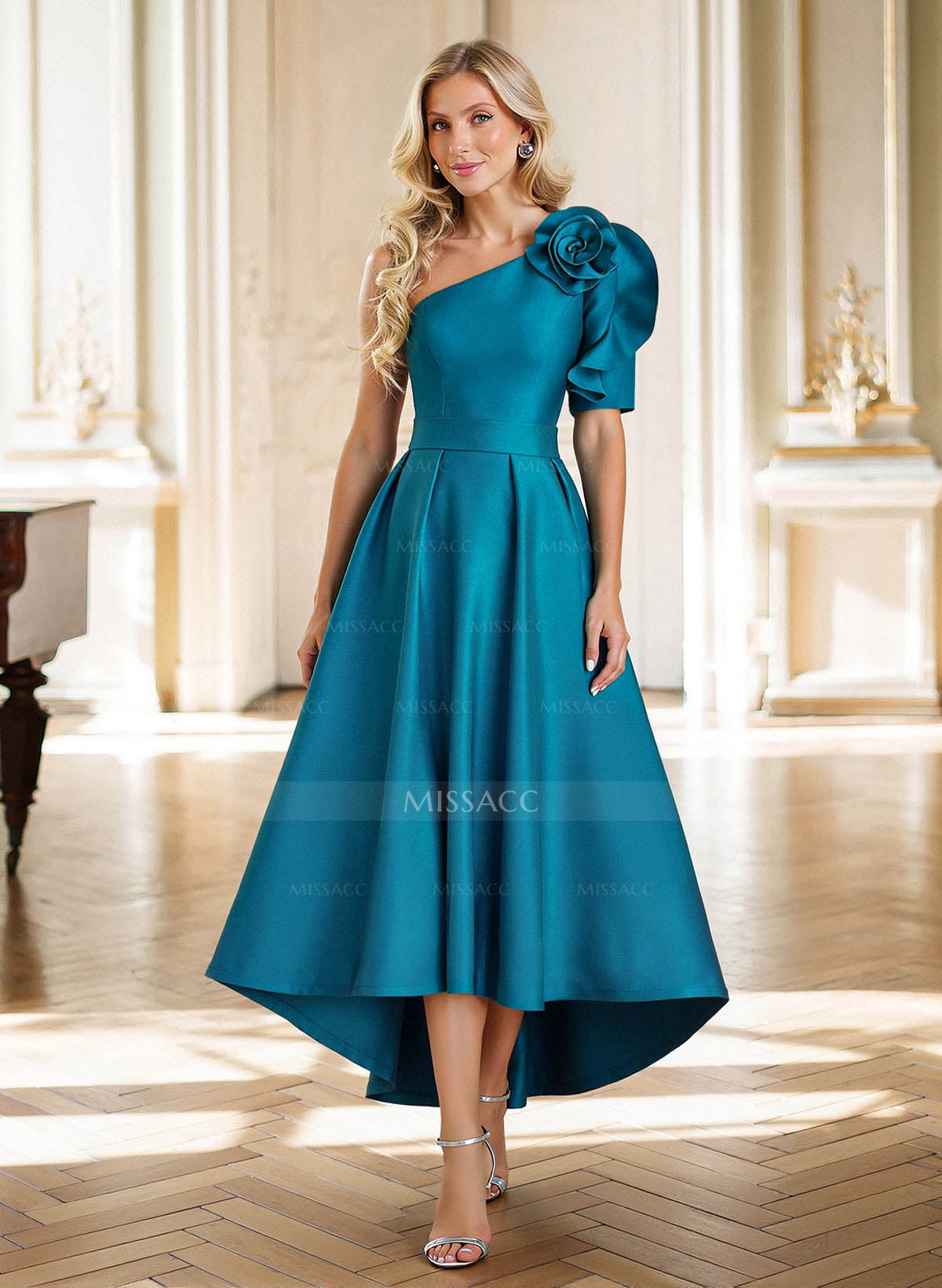 A-Line One-Shoulder Tea-Length Satin Mother Of The Bride Dresses With Flower(s)