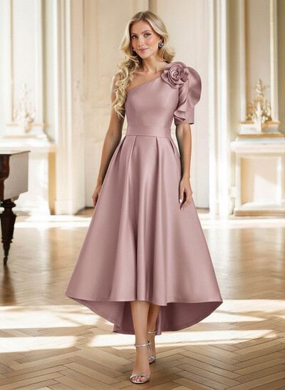 A-Line One-Shoulder Tea-Length Satin Mother Of The Bride Dresses With Flower(s)