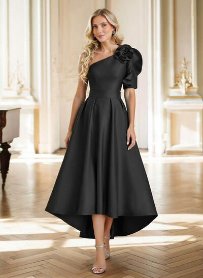 A-Line One-Shoulder Tea-Length Satin Mother Of The Bride Dresses With Flower(s)