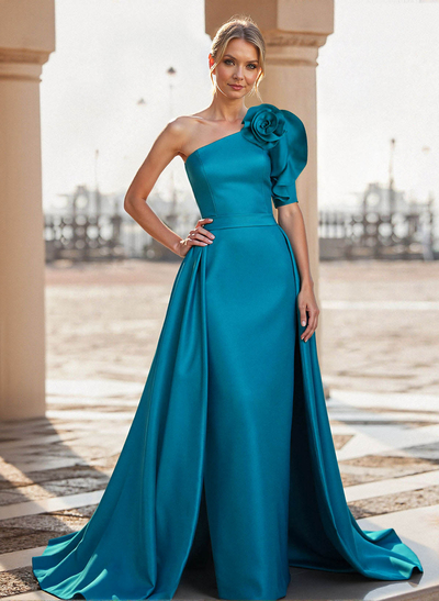 A-Line One-Shoulder Sweep Train Satin Mother Of The Bride Dresses With Flower(s)