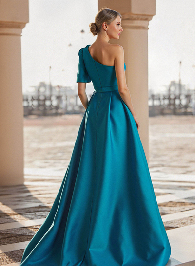 A-Line One-Shoulder Sweep Train Satin Mother Of The Bride Dresses With Flower(s)