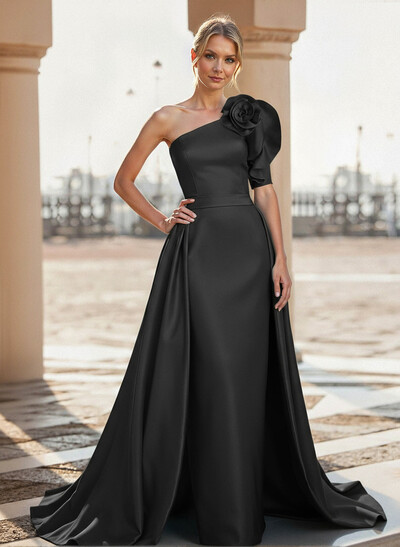 A-Line One-Shoulder Sweep Train Satin Mother Of The Bride Dresses With Flower(s)
