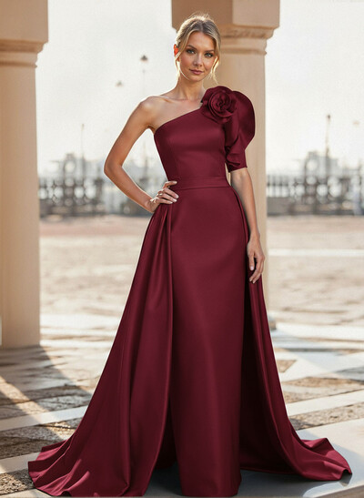 A-Line One-Shoulder Sweep Train Satin Mother Of The Bride Dresses With Flower(s)