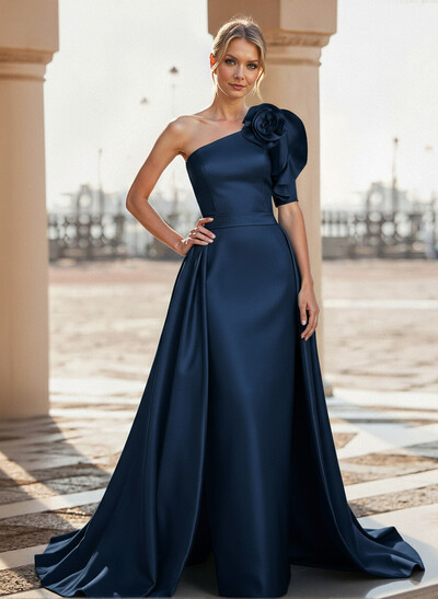 A-Line One-Shoulder Sweep Train Satin Mother Of The Bride Dresses With Flower(s)