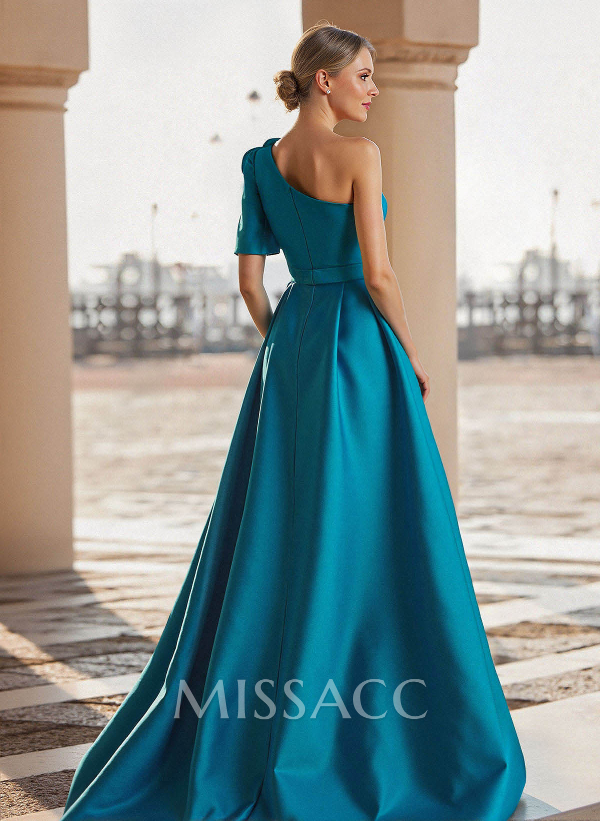 A-Line One-Shoulder Sweep Train Satin Mother Of The Bride Dresses With Flower(s)