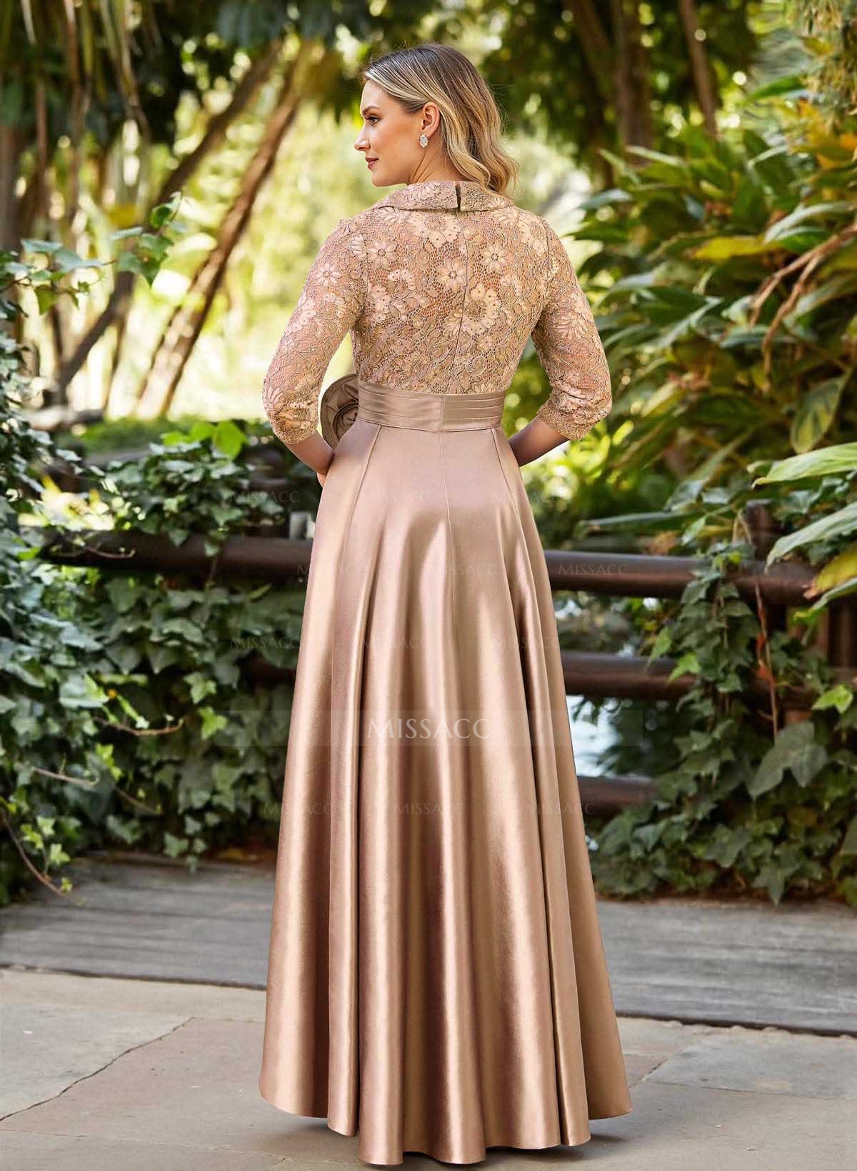 A-Line V-Neck 3/4 Sleeves Floor-Length Satin/Lace Mother Of The Bride Dresses With Flower(s)