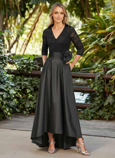 A-Line V-Neck 3/4 Sleeves Asymmetrical Length Satin/Lace Mother Of The Bride Dresses With Flower(s)