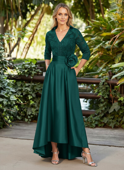 A-Line V-Neck 3/4 Sleeves Asymmetrical Length Satin/Lace Mother Of The Bride Dresses With Flower(s)