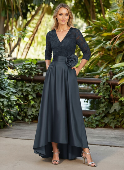 A-Line V-Neck 3/4 Sleeves Asymmetrical Length Satin/Lace Mother Of The Bride Dresses With Flower(s)