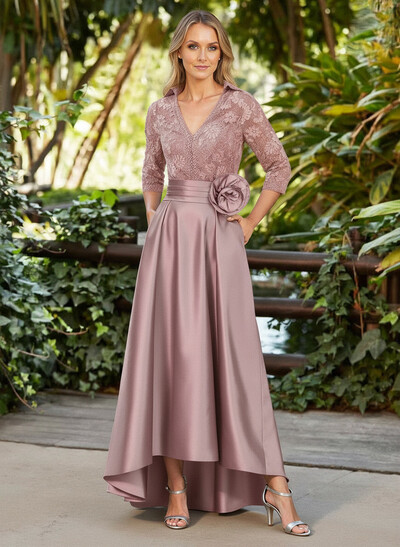 A-Line V-Neck 3/4 Sleeves Asymmetrical Length Satin/Lace Mother Of The Bride Dresses With Flower(s)