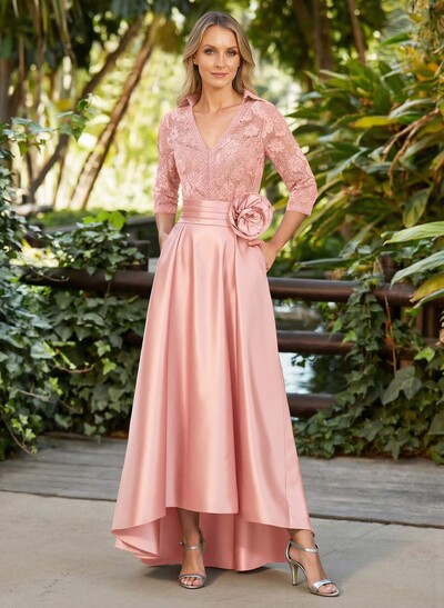 A-Line V-Neck 3/4 Sleeves Asymmetrical Length Satin/Lace Mother Of The Bride Dresses With Flower(s)