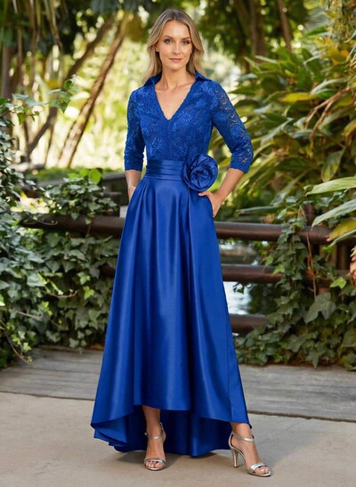 A-Line V-Neck 3/4 Sleeves Asymmetrical Length Satin/Lace Mother Of The Bride Dresses With Flower(s)