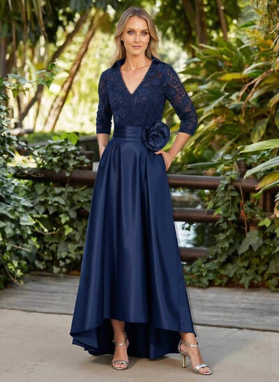 A-Line V-Neck 3/4 Sleeves Asymmetrical Length Satin/Lace Mother Of The Bride Dresses With Flower(s)