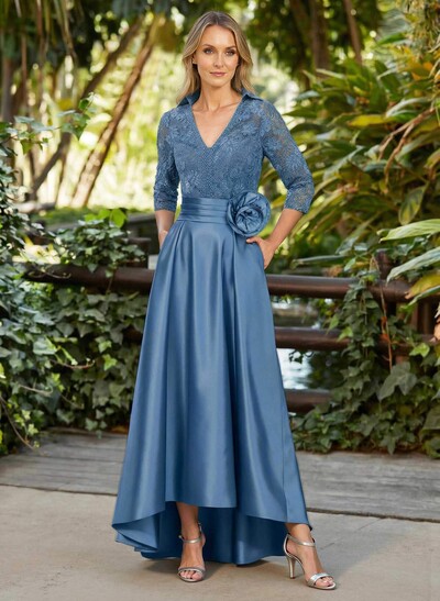 A-Line V-Neck 3/4 Sleeves Asymmetrical Length Satin/Lace Mother Of The Bride Dresses With Flower(s)