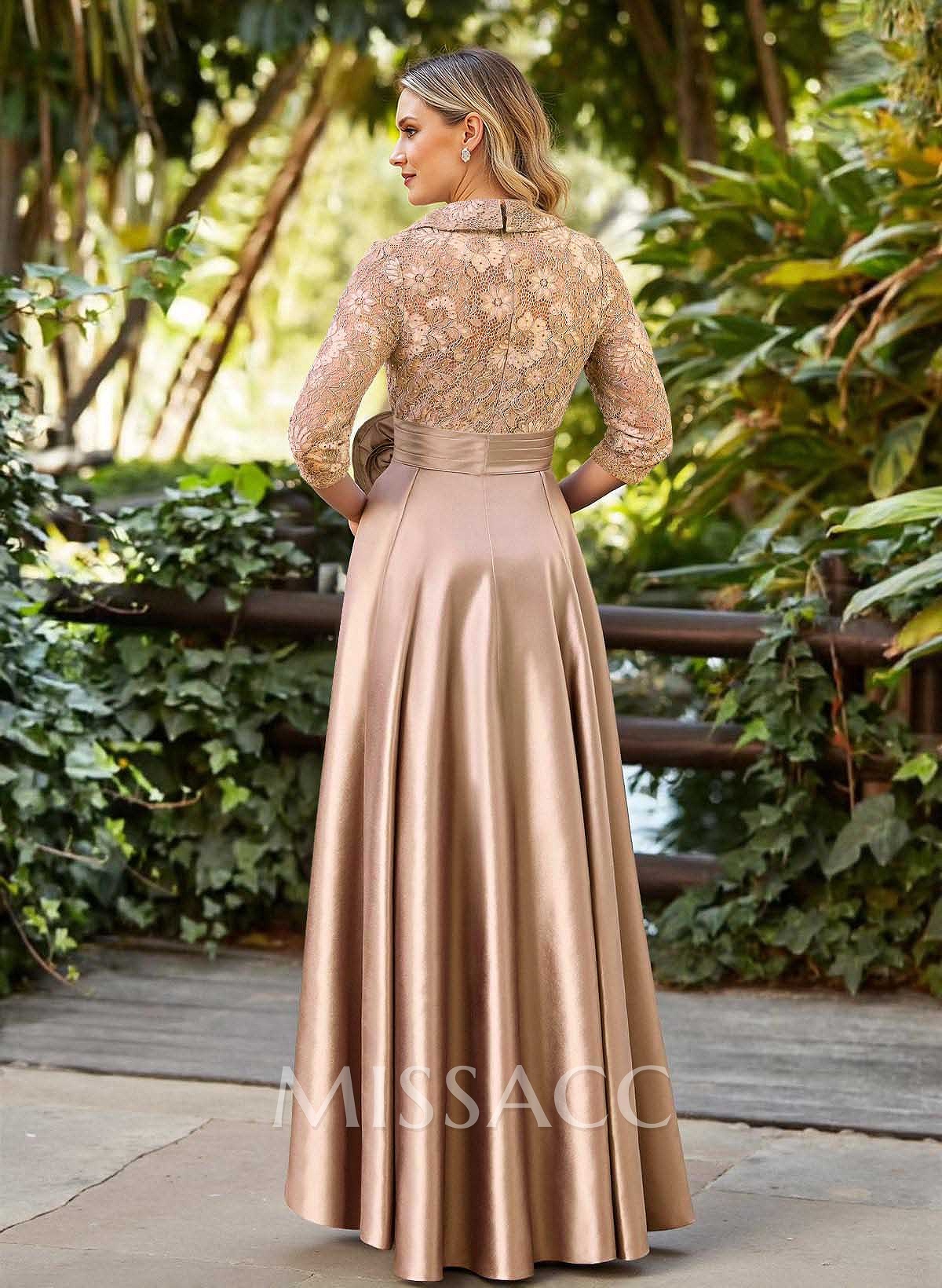 A-Line V-Neck 3/4 Sleeves Asymmetrical Length Satin/Lace Mother Of The Bride Dresses With Flower(s) A-Line V-Neck 3/4 Sleeves Asymmetrical Length Satin/Lace Mother Of The Bride Dresses With Flower(s)