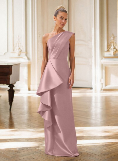Elegant One-Shoulder Sleeveless Floor-Length Satin Mother Of The Bride Dresses With Ruffle/Back Slit