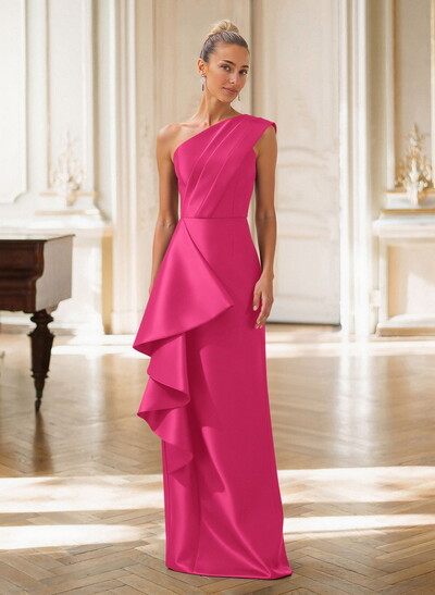 Elegant One-Shoulder Sleeveless Floor-Length Satin Mother Of The Bride Dresses With Ruffle/Back Slit