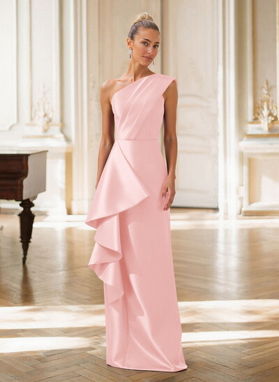 Elegant One-Shoulder Sleeveless Floor-Length Satin Mother Of The Bride Dresses With Ruffle/Back Slit