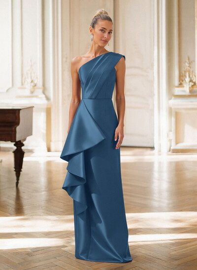 Elegant One-Shoulder Sleeveless Floor-Length Satin Mother Of The Bride Dresses With Ruffle/Back Slit