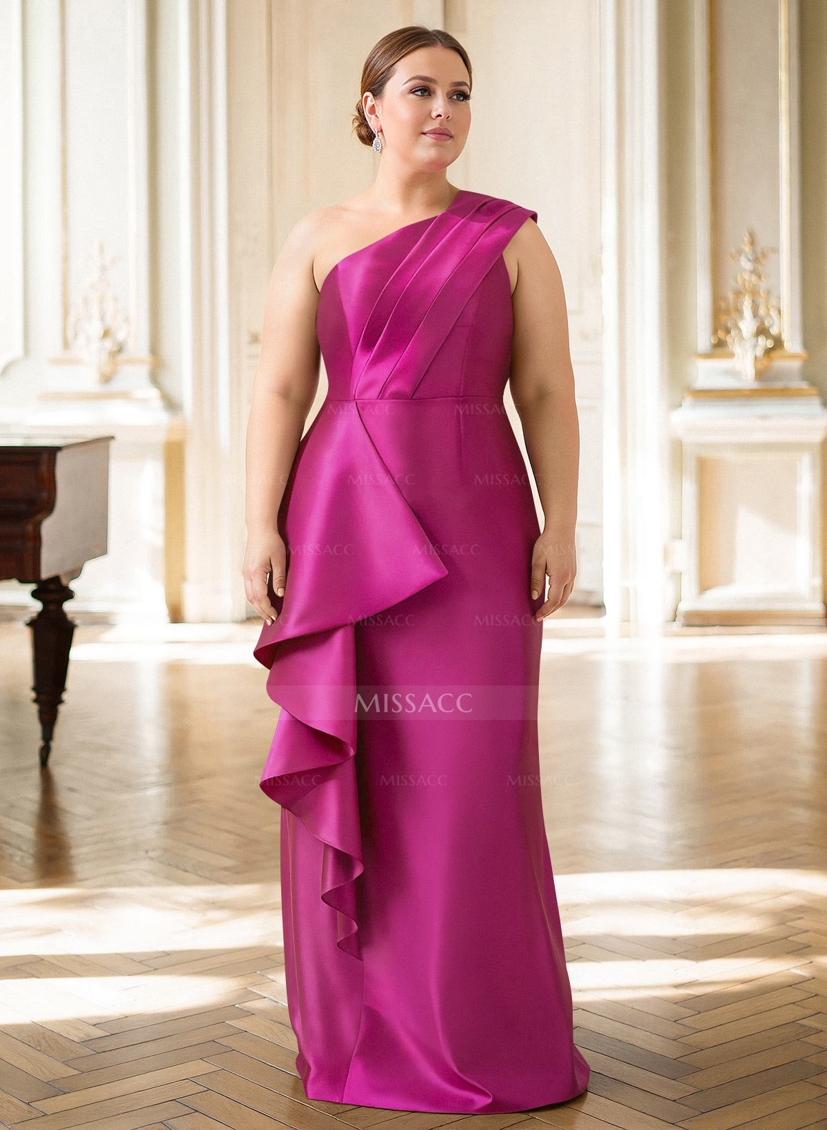 Elegant One-Shoulder Sleeveless Floor-Length Satin Mother Of The Bride Dresses With Ruffle/Back Slit