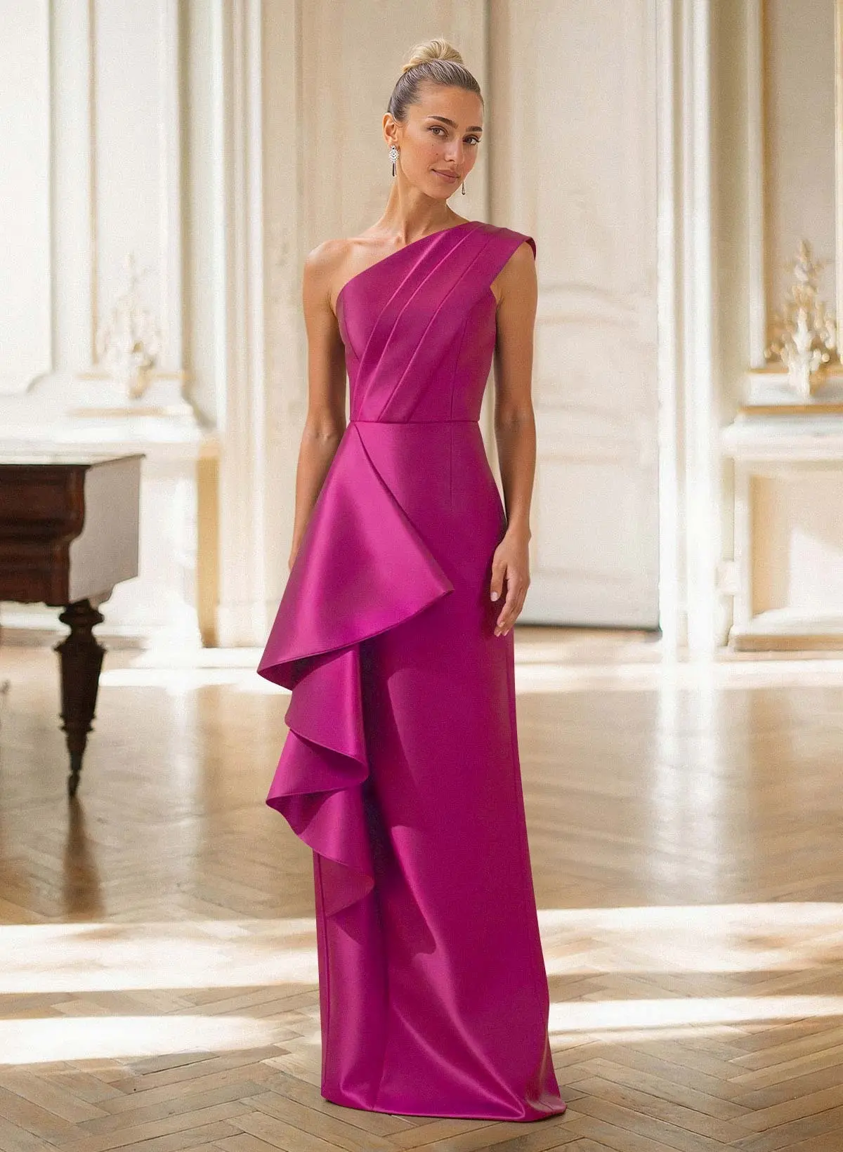 Elegant One-Shoulder Sleeveless Floor-Length Satin Mother Of The Bride Dresses With Ruffle/Back Slit