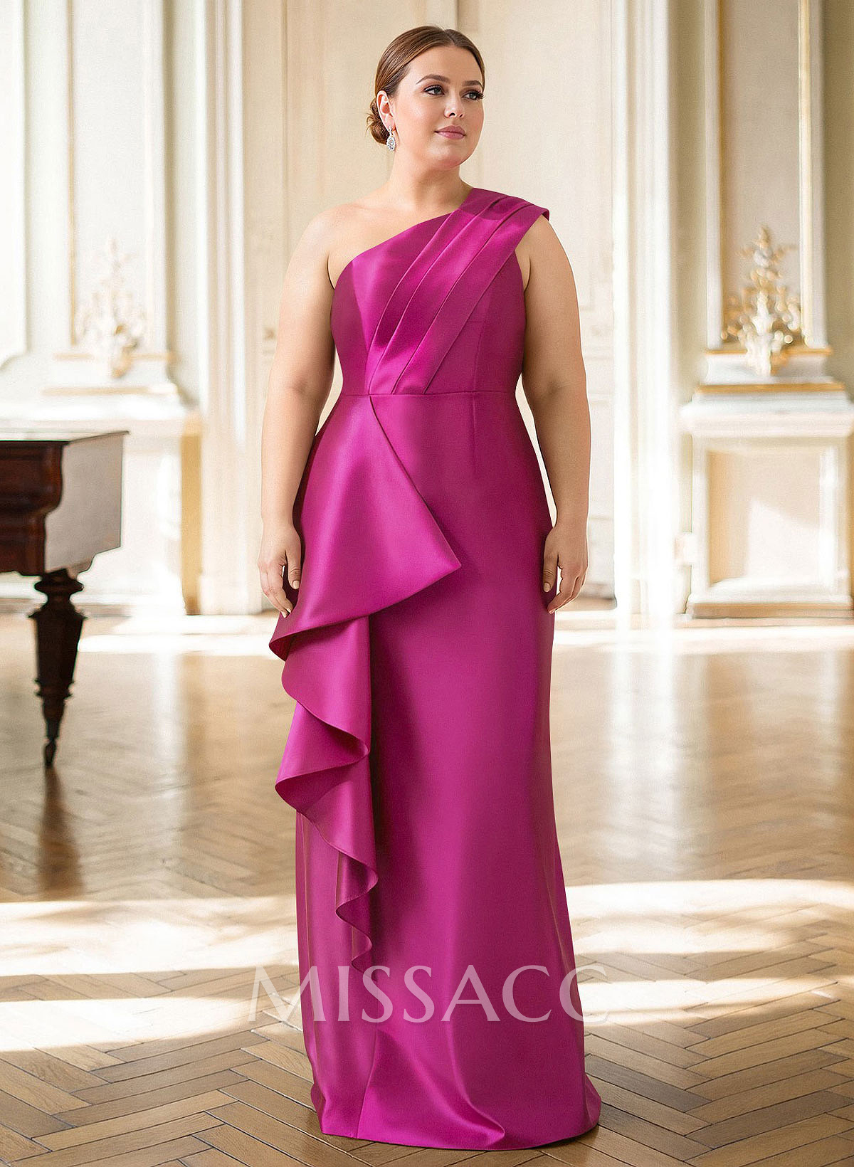 Elegant One-Shoulder Sleeveless Floor-Length Satin Mother Of The Bride Dresses With Ruffle/Back Slit