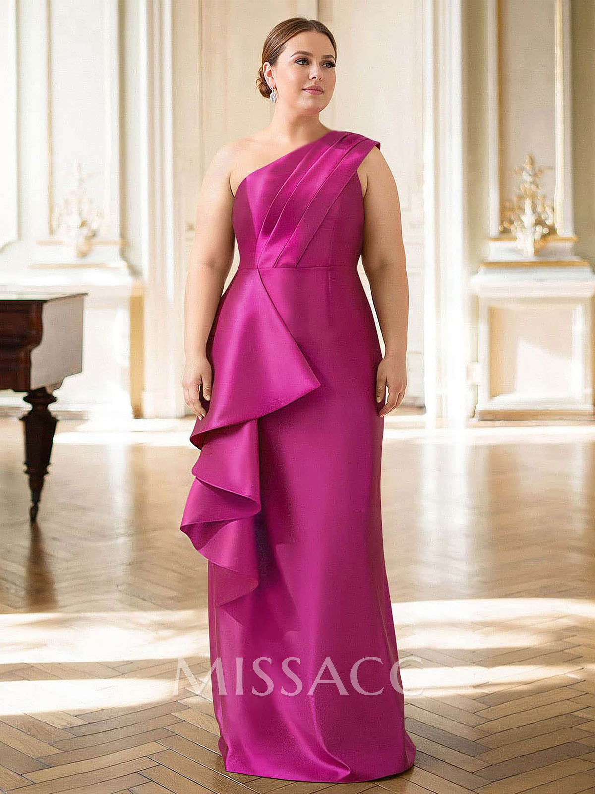 Elegant One-Shoulder Sleeveless Floor-Length Satin Mother Of The Bride Dresses With Ruffle/Back Slit