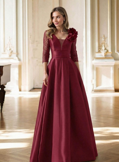 Elegant V-Neck 3/4 Sleeves A-Line Floor-Length Satin Mother Of The Bride Dresses With Flower(s)