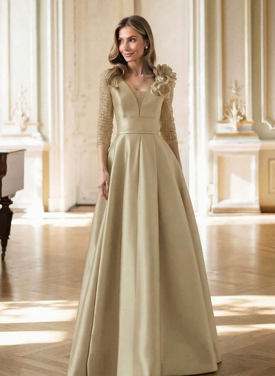 Elegant V-Neck 3/4 Sleeves A-Line Floor-Length Satin Mother Of The Bride Dresses With Flower(s)