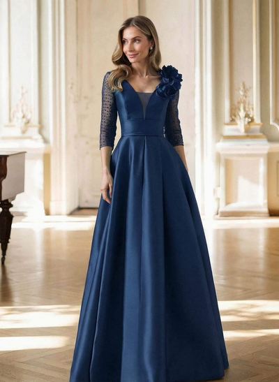 Elegant V-Neck 3/4 Sleeves A-Line Floor-Length Satin Mother Of The Bride Dresses With Flower(s)
