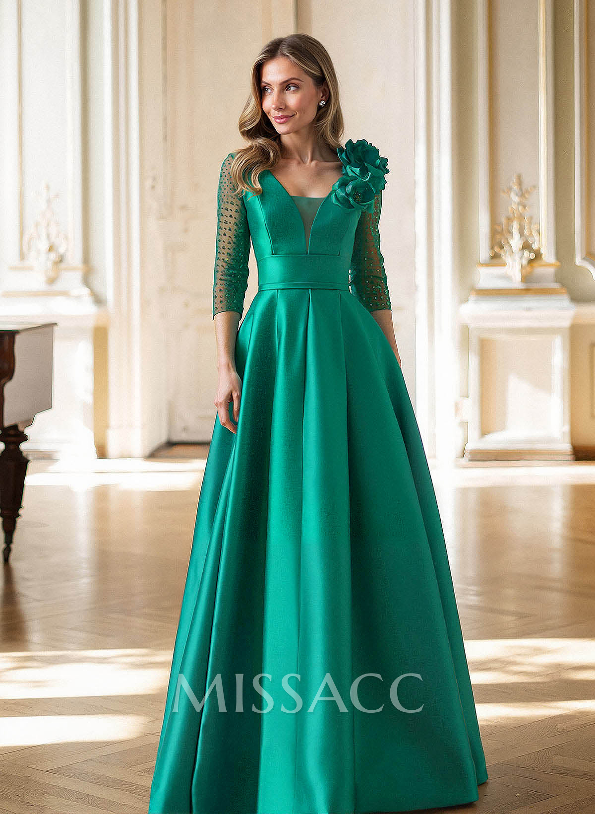 Elegant V-Neck 3/4 Sleeves A-Line Floor-Length Satin Mother Of The Bride Dresses With Flower(s) Elegant V-Neck 3/4 Sleeves A-Line Floor-Length Satin Mother Of The Bride Dresses With Flower(s)