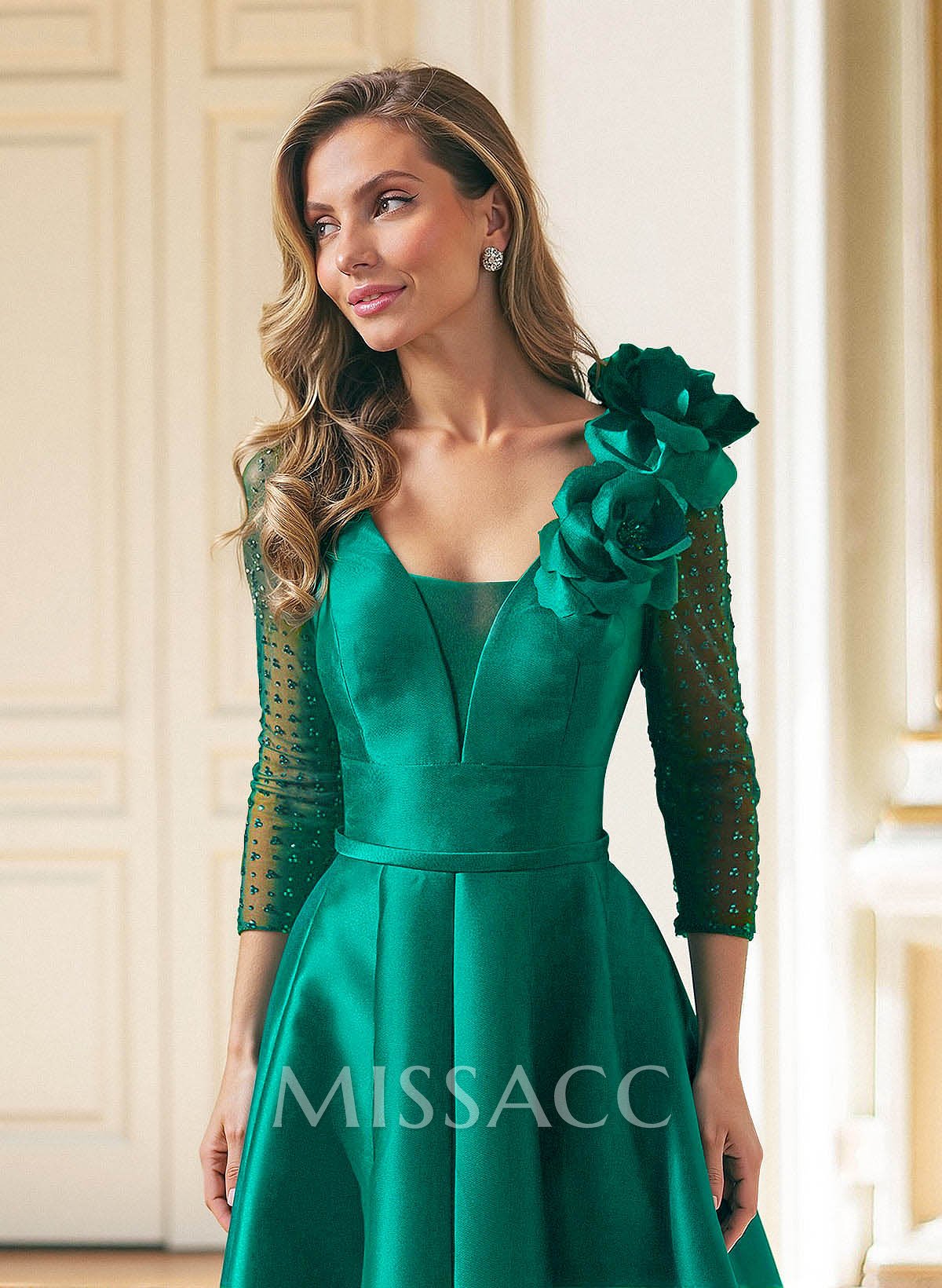 Elegant V-Neck 3/4 Sleeves A-Line Floor-Length Satin Mother Of The Bride Dresses With Flower(s) Elegant V-Neck 3/4 Sleeves A-Line Floor-Length Satin Mother Of The Bride Dresses With Flower(s)