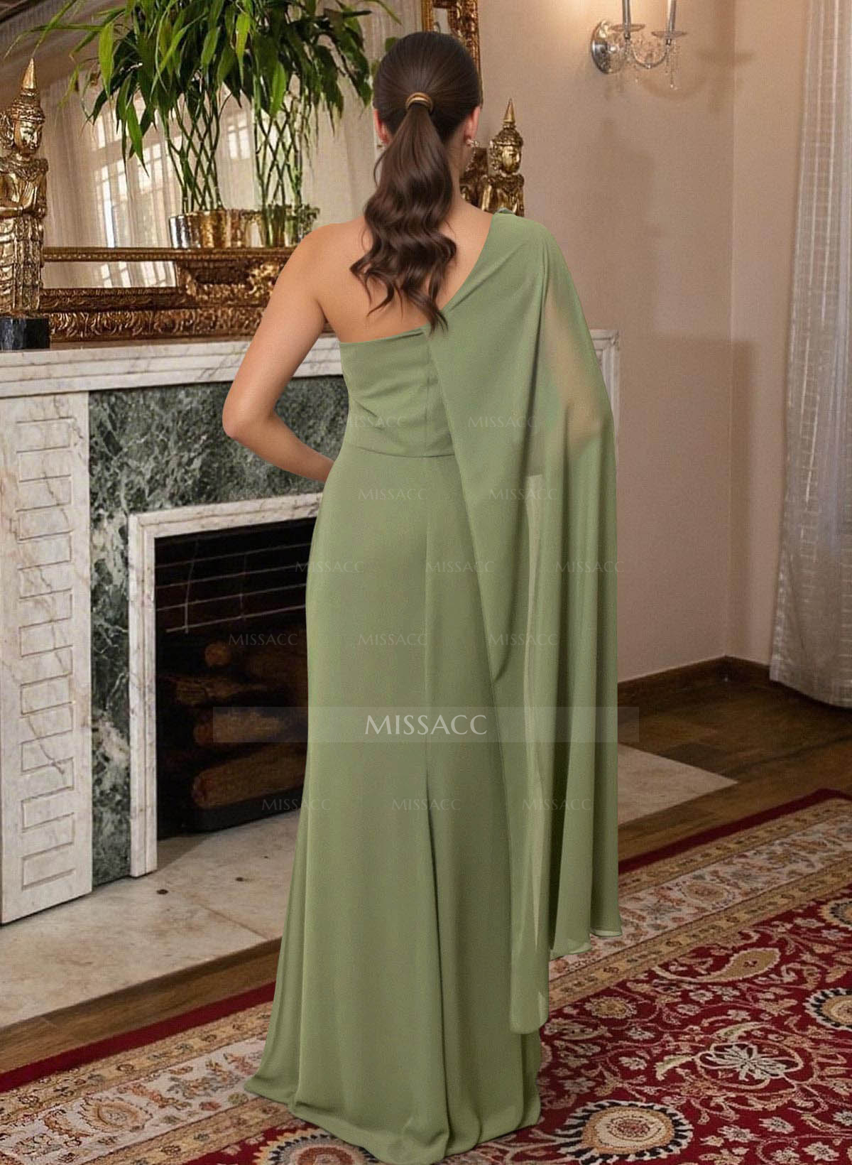 Elegant One-Shoulder Cape Sleeves Floor-Length Chiffon Mother Of The Bride Dresses With Flower(s)/High Split