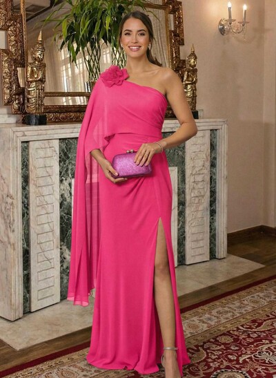 Elegant One-Shoulder Cape Sleeves Floor-Length Chiffon Mother Of The Bride Dresses With Flower(s)/High Split