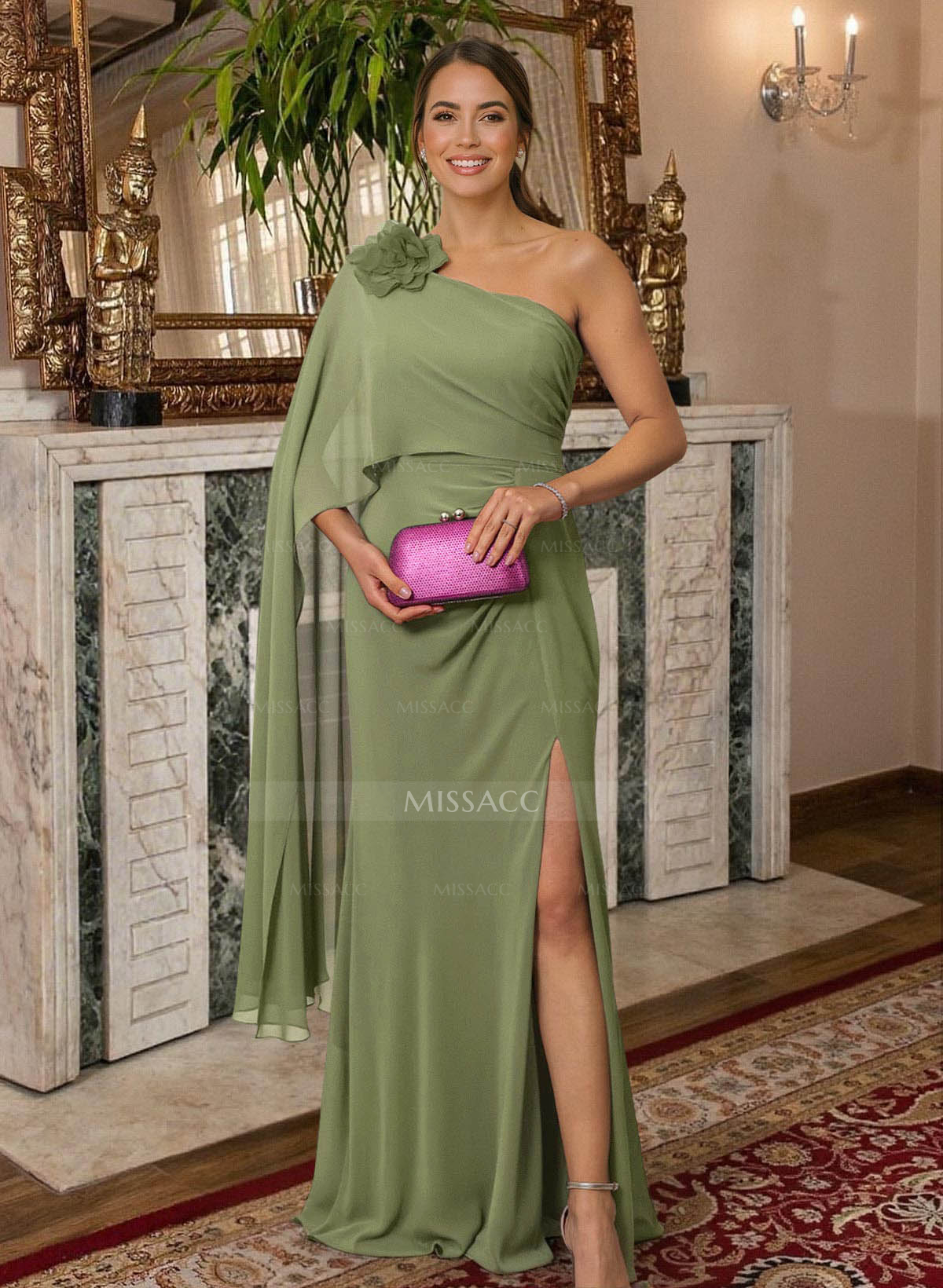 Elegant One-Shoulder Cape Sleeves Floor-Length Chiffon Mother Of The Bride Dresses With Flower(s)/High Split