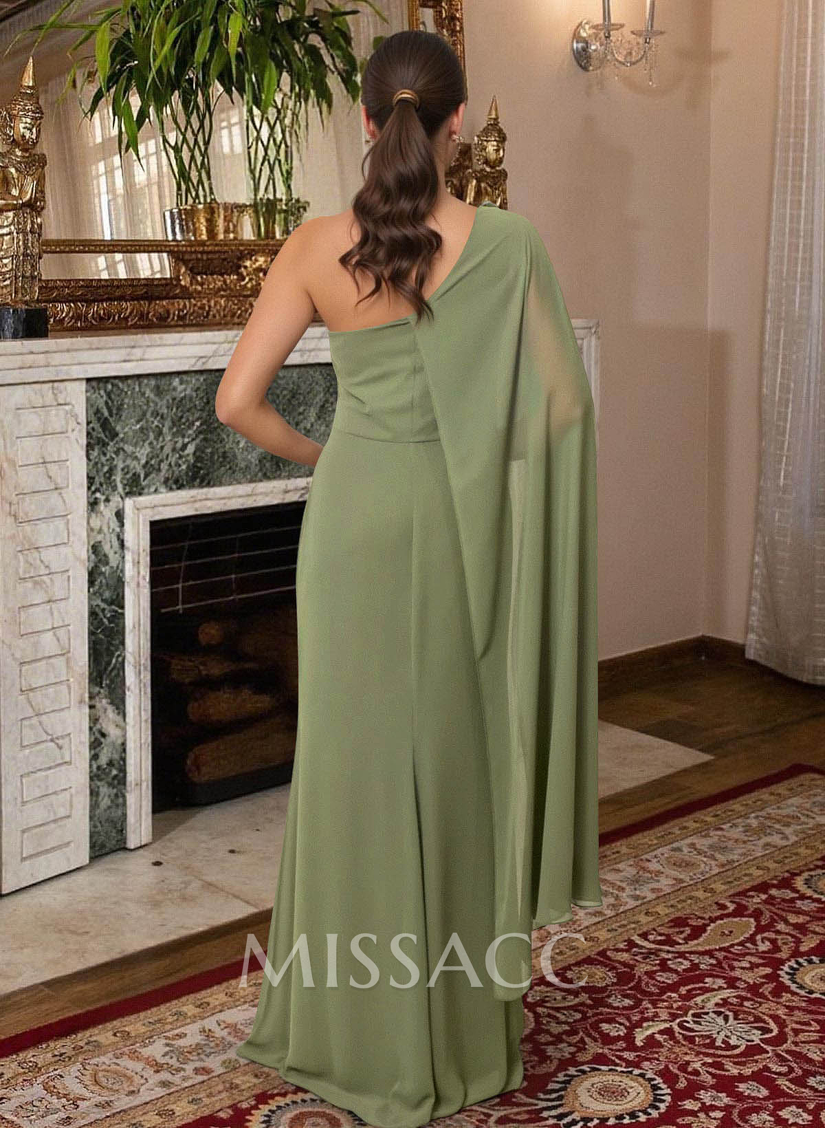 Elegant One-Shoulder Cape Sleeves Floor-Length Chiffon Mother Of The Bride Dresses With Flower(s)/High Split Elegant One-Shoulder Cape Sleeves Floor-Length Chiffon Mother Of The Bride Dresses With Flower(s)/High Split