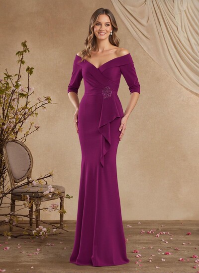 Elegant Off-The-Shoulder 1/2 Sleeves Mermaid Floor-Length Elastic Satin Mother Of The Bride Dresses With Ruffle