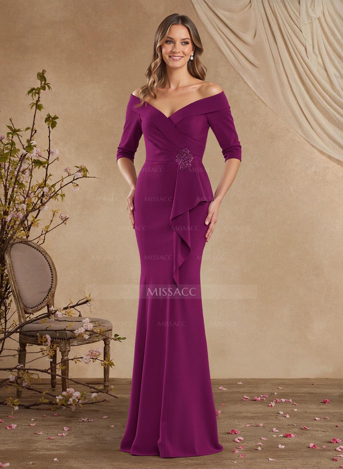 Elegant Off-The-Shoulder 1/2 Sleeves Mermaid Floor-Length Elastic Satin Mother Of The Bride Dresses With Ruffle