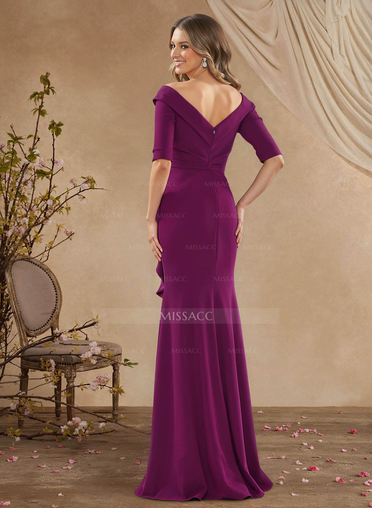 Elegant Off-The-Shoulder 1/2 Sleeves Mermaid Floor-Length Elastic Satin Mother Of The Bride Dresses With Ruffle