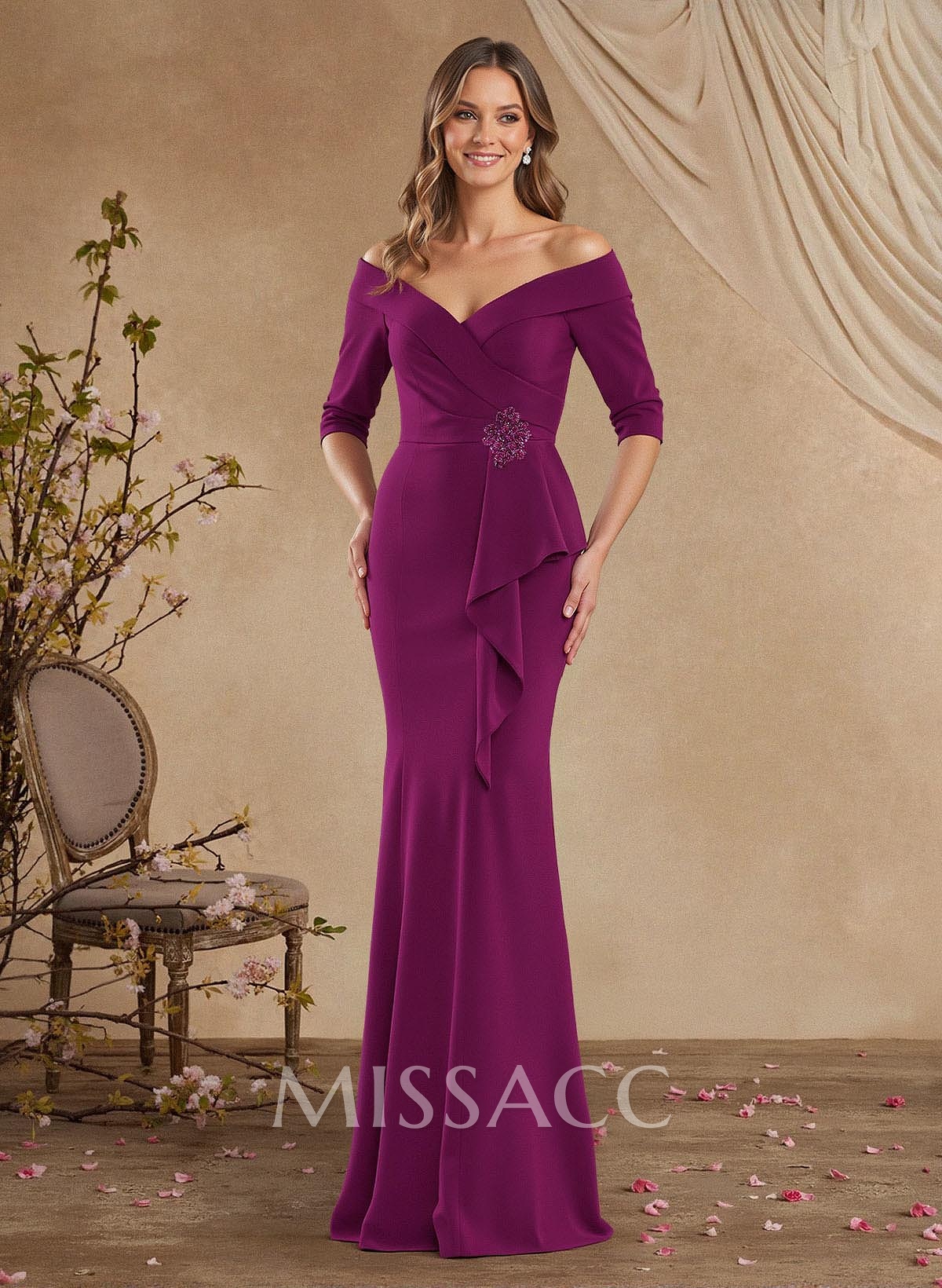 Elegant Off-The-Shoulder 1/2 Sleeves Mermaid Floor-Length Elastic Satin Mother Of The Bride Dresses With Ruffle